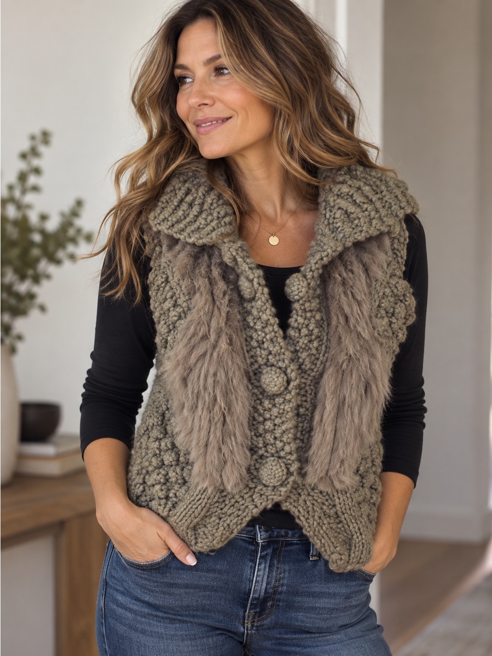 Chunky Knit Vest with Faux Fur